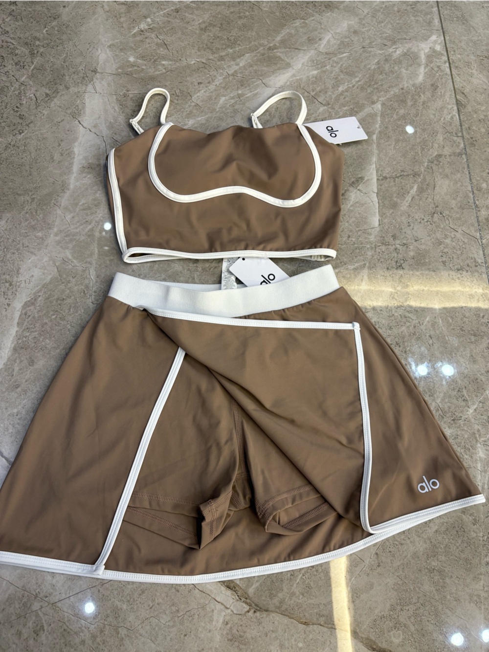 ALO Yoga Tan and White Backless Crop Top & Skirt Set - Picture 6 of 7